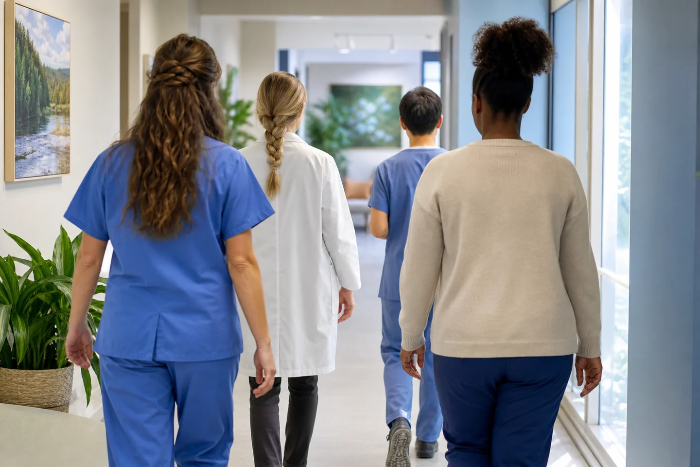 Healthcare providers in scrubs and a white coat walking down a sunlit clinic corridor