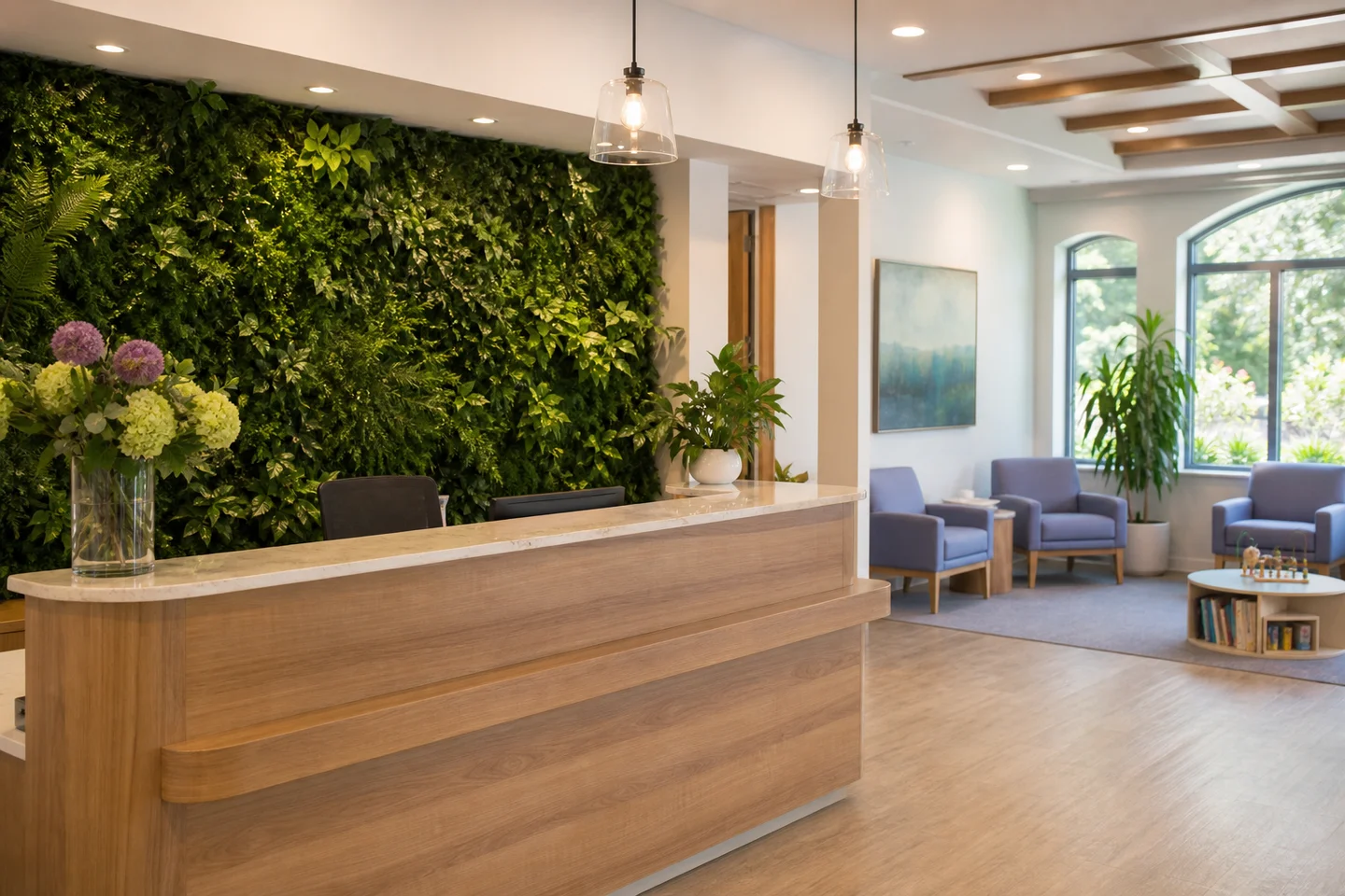 Bright reception area with a wood front desk, living greenery wall, and periwinkle armchairs by arched windows
