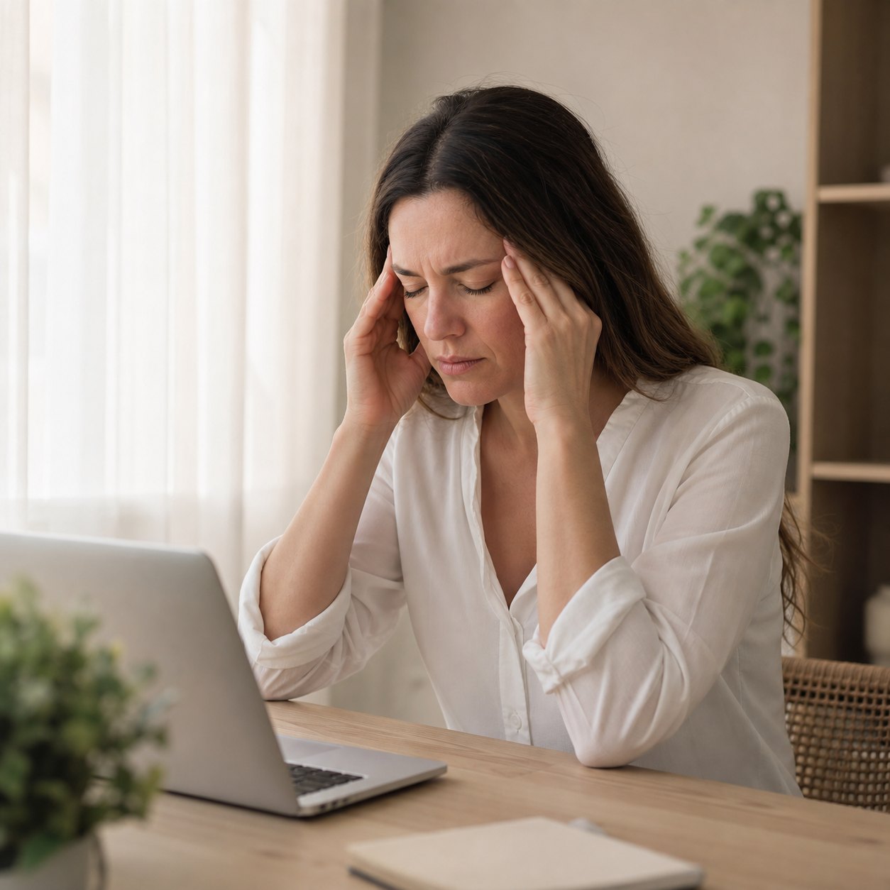 Woman at a bright home desk pressing her temples with a tension headache