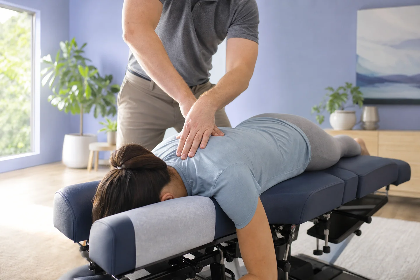 Chiropractor pressing along the upper back of a patient lying face down on a blue adjustment table
