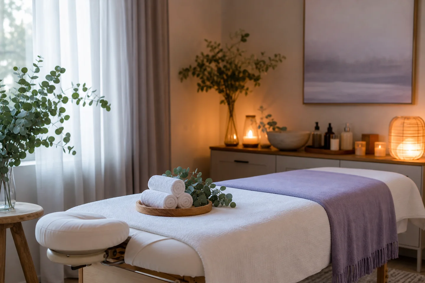 Calm massage therapy room with rolled towels, eucalyptus stems, and warm candlelight