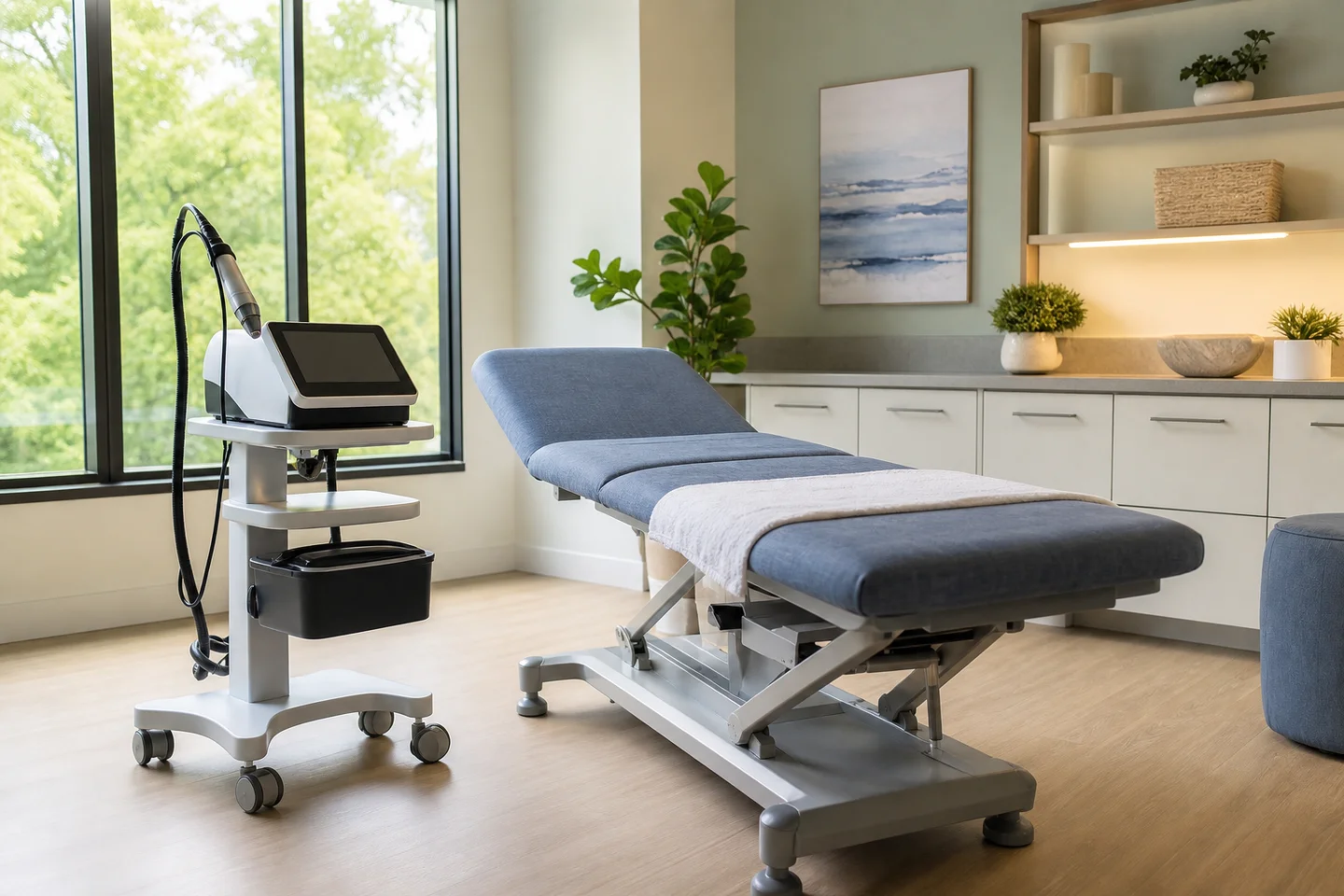 Pain management treatment room with an adjustable therapy table and a wheeled laser unit beside large windows