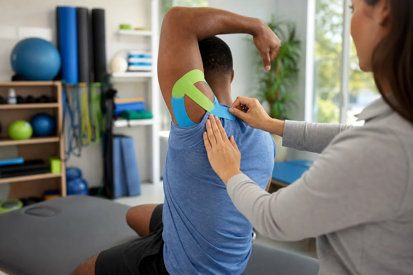 Clinician applying kinesiology tape to an athlete’s shoulder in a rehab gym