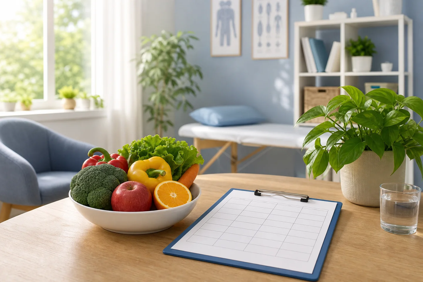 Bowl of fresh vegetables beside a meal-planning clipboard on a wellness consultation table