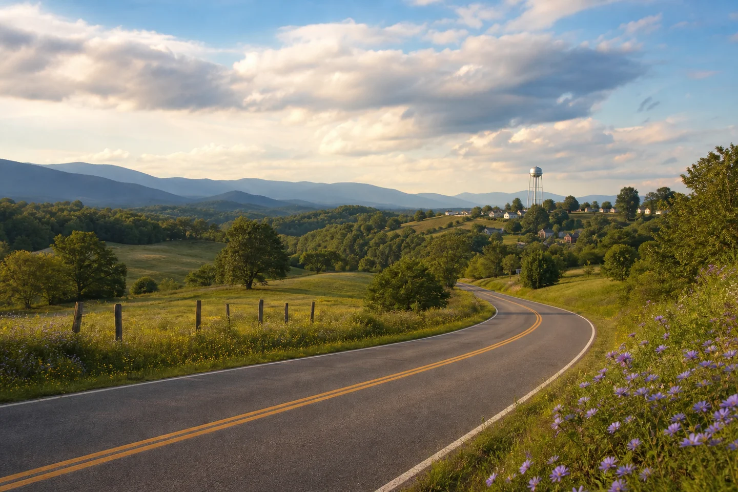 Two-lane country road curving through green foothills toward a small town water tower