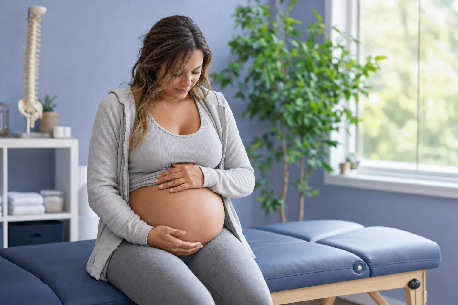 Expecting mother cradling her belly while seated on a treatment table beside a spine model