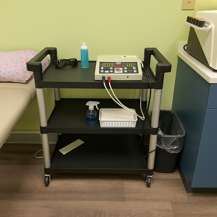 Ultrasound therapy equipment cart beside a treatment table at ProWellness